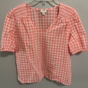 Women’s J. Crew Coral and White Gingham V-neck Short Sleeve Top, Medium